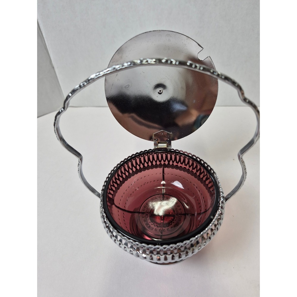 Vintage Amethyst Purple Glass Jam Jar with Silver Tone Metal Caddy and Handle